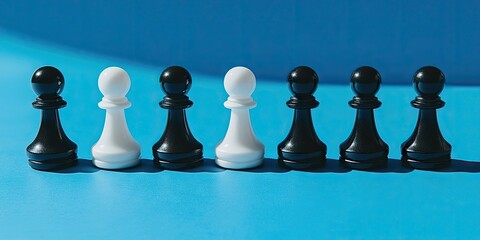 Poster - Black and white chess pawn pieces set against a blue background. Represents competition, confrontation, or conflict in business strategy.