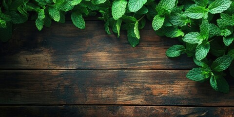 Aufkleber - Fresh mint bunch on a wooden background. Top view with copyspace.