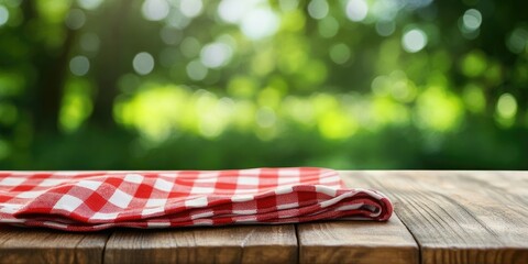Aufkleber - Checkered red napkin on a wooden table with a green blurred background. Area for design.