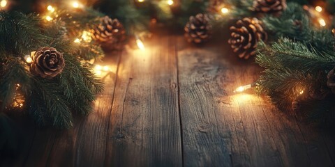 Poster - A Christmas tree garland shines on a rustic wooden table, creating a festive background.
