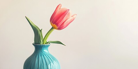 Aufkleber - A close-up of one pink tulip in a blue vase on a table against a white background, representing a single spring flower gift for a woman, perfect for a greeting card, symbolizing freshness and bloom.