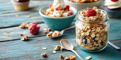 Aufkleber - Delicious muesli in a glass jar on a bowl placed on a wooden table, flat lay, nutritious breakfast, healthy start to the day, breakfast paired with a cupcake.
