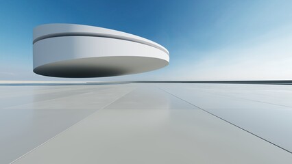 Poster - 3d render of white futuristic architecture, abstract circle structure with empty concrete floor