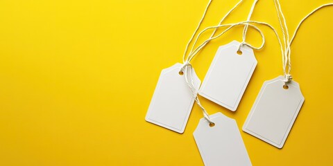 Aufkleber - Blank white tags with strings on a yellow background. Mockup, design template. Copyspace. Sale, shopping idea.