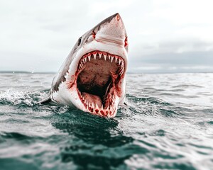 a great white shark with an open mouth swimming in the ocean.