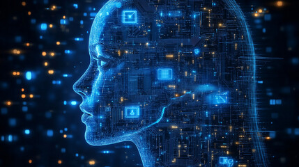 Wall Mural - multimodal generative ai, cinematic ai woman, futuristic robot, data,digital elements and holograms 