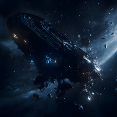 Wall Mural - a huge spacecraft that was destroyed by the space war is floating around. generative ai