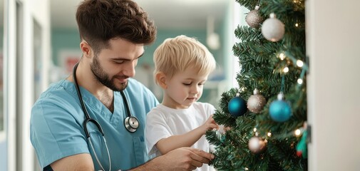 Caregiver decorating Christmas tree with child, joyful holiday moment.