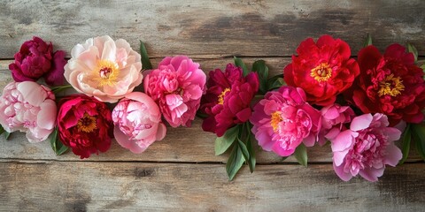 Aufkleber - Red and pink peonies on a wooden surface.