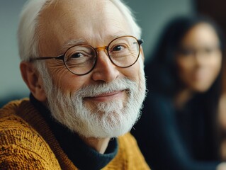 Grey-haired man in glasses, smiling and looking off to the side