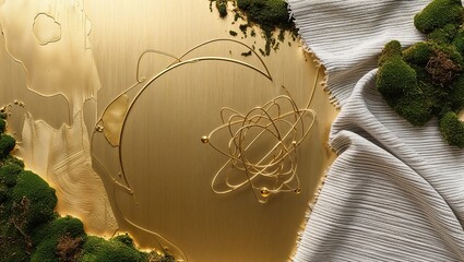 Sticker - A gold metallic surface with an abstract wire design and green moss surrounding it.