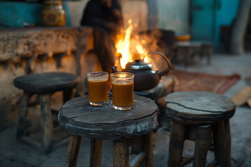 Wall Mural - cozy rustic indian tea corner with chai and open fire