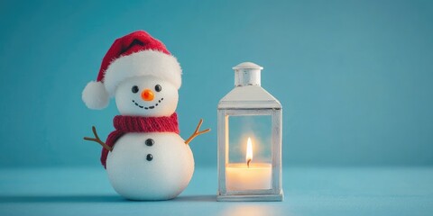 Poster - Toy snowman wearing a Santa hat, a lantern with a lit candle set against a bright blue background, Merry Christmas theme, greetings, postcard.