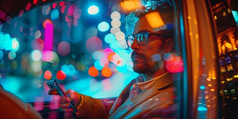 A male executive in a taxi at night, using his smartphone while commuting, representing the busy lifestyle of a businessman. This image captures the blend of technology and urban life in the corporate