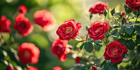 Aufkleber - Close-up of blooming red roses. Natural backdrop. Copy space. Lovely garden flowers.