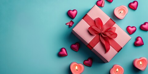 Poster - A beautifully wrapped pink gift box adorned with a red ribbon and pink heart-shaped candles set against a blue background. This reflects the idea of Valentine's Day gifts. The top view. Copy space.