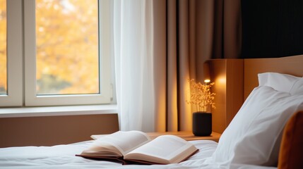 Wall Mural - A cozy bedroom corner with an open book, morning sunlight filtering through sheer curtains, and autumn leaves visible outside