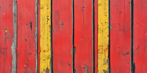 Leinwandbilder - Close-up of a red background texture featuring a painted rustic wooden panel with vertical lines and horizontal yellow bars.