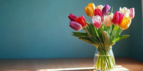 Aufkleber - A vase of multicolored tulips sits on the table near the wall. Selective focus.