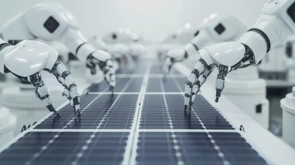 Aufkleber - An automated production line is being operated with industrial robot arms in a modern factory. Solar panels are being arranged on a conveyor.