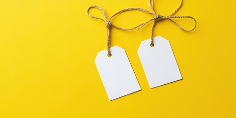 Aufkleber - Blank white tags with strings on a yellow background. Mockup, design template. Copyspace. Sale, shopping idea.