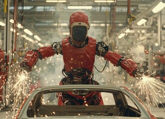 Poster - Welding robot movements in a factory for industrial automotive parts