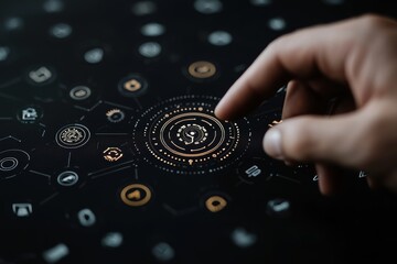 Aufkleber - The concept of industry 4.0 is illustrated with a graphic interface showing visualizations of automation design, robot operation, and the use of deep learning for future manufacturing.