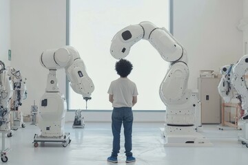 Aufkleber - A man controls a robotic arm using a tablet as part of an industry 4.0 automation line equipped with sensors. The robotic arm is integrated on a smart factory production line.