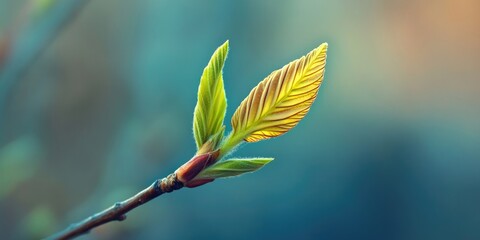 Aufkleber - Chestnut tree leaves emerge in spring. Concept of birth and ecology. Close-up of a leaf. Blurred background. Stunning nature with one branch. Incredible texture and structure.