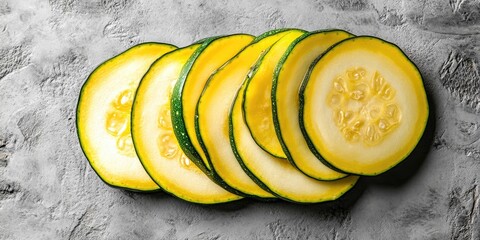 Poster - Fresh slices of zucchini squash on a grey background.