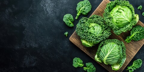 Poster - Fresh, healthy savoy cabbage cut on a cutting board. Black background. Top view.