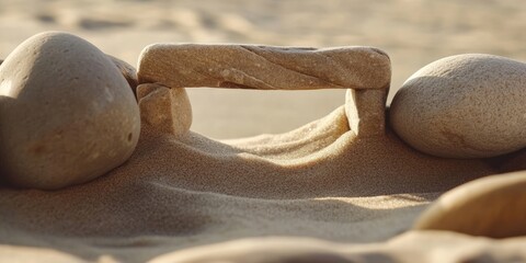 Fototapete - Close-up of a stone frame against a sandy background. Beach. Copy space.