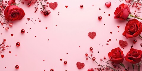 Aufkleber - Valentine's Day background greeting card featuring love symbols, red decorations, and roses on a pink backdrop. Top view with copy space and text. Flat lay.