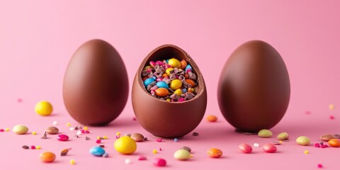 Aufkleber - Tasty chocolate eggs filled with candies on a pink background.