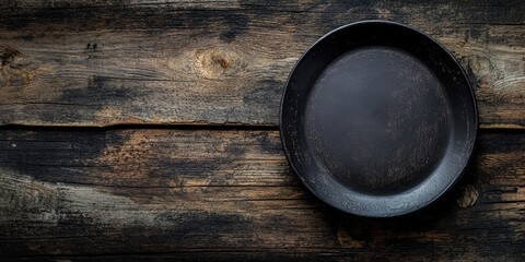 Aufkleber - Table arrangement featuring a vintage empty black plate on rustic wood. Dark backdrop. Top view. Copy space.