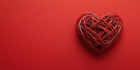 Aufkleber - Red wicker heart rests on a red paper background. Empty copy space for a message. Happy Valentine's Day.