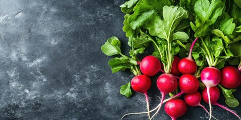 Poster - A cluster of fresh radishes on the table in close-up. Background features radishes from a top view. Copy space available.