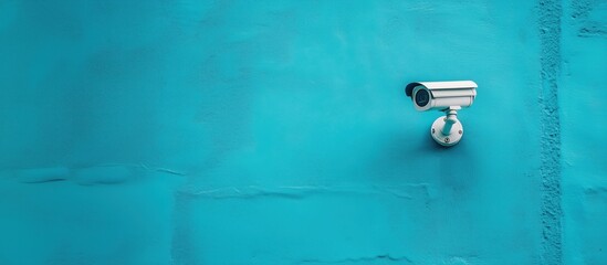 Surveillance camera on turquoise wall, modern security technology, urban environment