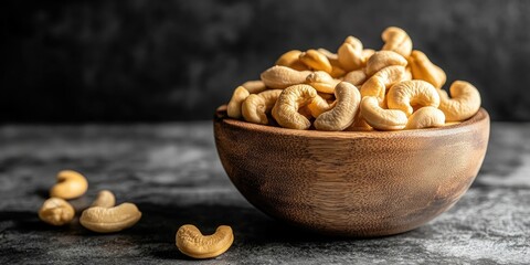 Wall Mural - Cashew nuts in a wooden bowl with copyspace.