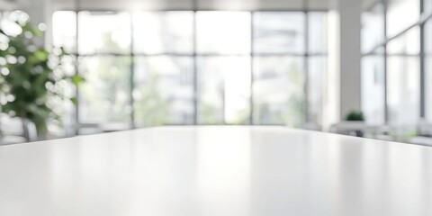 Sticker - Selective focus. Empty white tabletop with a blurred abstract view of window glass. Suitable for montage product display or visual layout design.