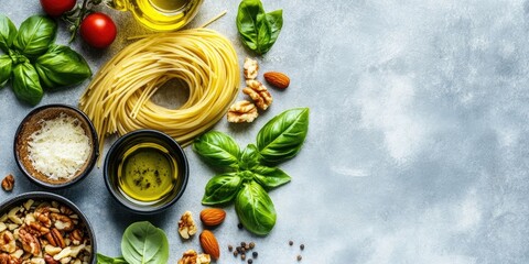 Poster - Pesto pasta featuring spaghetti, fresh basil, nuts, Parmesan cheese, and olive oil. An Italian cuisine recipe set against a light stone background. Selective focus and copyspace.