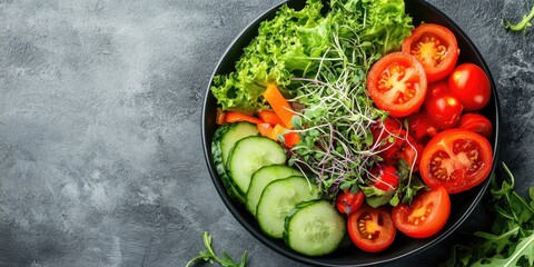 Canvas Print - A fresh salad featuring fresh vegetables, ripe tomatoes, cucumber, lettuce, and microgreens in a bowl on a gray background. Healthy raw food idea. Space for text, copy space.