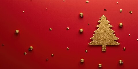 Poster - Golden metallic Christmas tree ornaments on red paper. Simple New Year and Christmas greeting card or invitation.