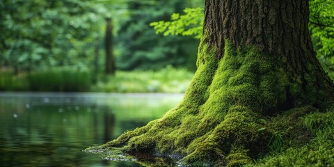 Poster - Close-up view of a tree trunk completely covered in vibrant moss near the pond with ample copy space.