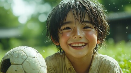 Happy Boy Playing Soccer in the Rain