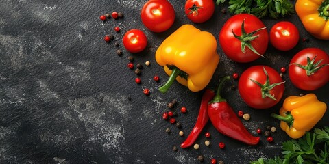 Canvas Print - A collection of raw ingredients for Italian cuisine on a stone table background. Tomatoes, red and yellow peppers. Assortment of healthy food items. Closeup and top view.