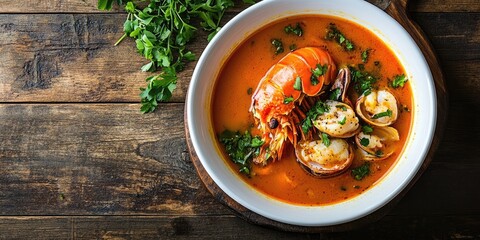Aufkleber - Lobster soup in a white bowl on a rustic wooden table, copyspace. Healthy eating or diet idea, top view, tuning.