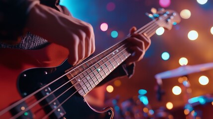 Close-up of a musician playing the bass guitar during a vibrant live performance with colorful lights at a concert venue