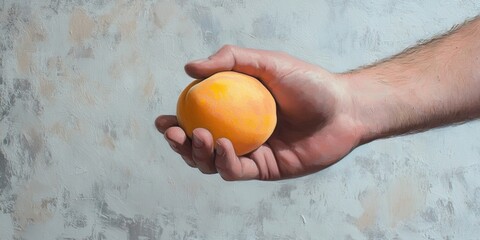 Poster - A man's right hand gripping a yellow peach against a textured gray background.