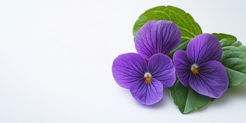 Fototapete - Violet flower alongside green leaf on a white background.